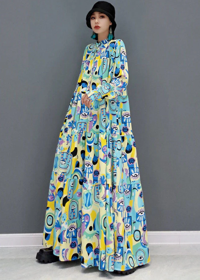 Blue Print Patchwork Cotton A Line Long Dress Stand Collar Long Sleeve - Image 3
