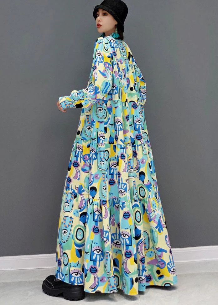 Blue Print Patchwork Cotton A Line Long Dress Stand Collar Long Sleeve - Image 4