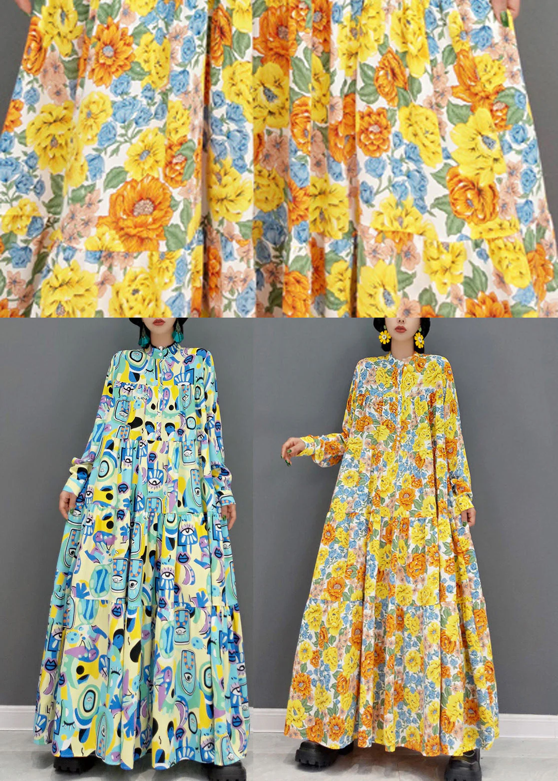 Blue Print Patchwork Cotton A Line Long Dress Stand Collar Long Sleeve - Image 5