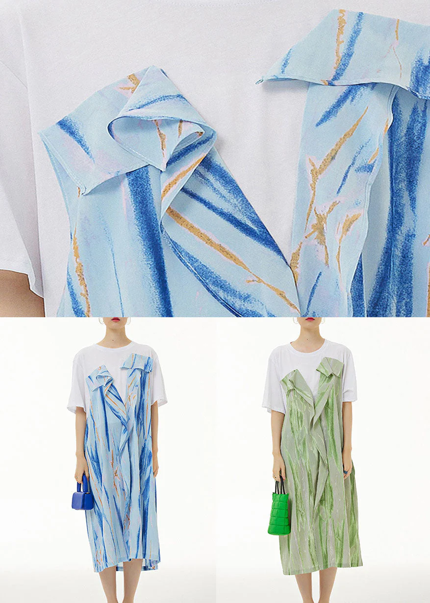 Blue Print Patchwork Cotton Dress Wrinkled False Two Pieces Summer - Image 5