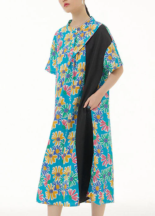 Blue Print Patchwork Cotton Shirts Dresses Stand Collar Summer - Image 2