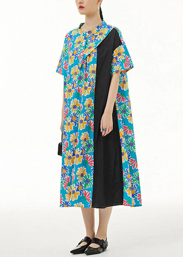 Blue Print Patchwork Cotton Shirts Dresses Stand Collar Summer - Image 3