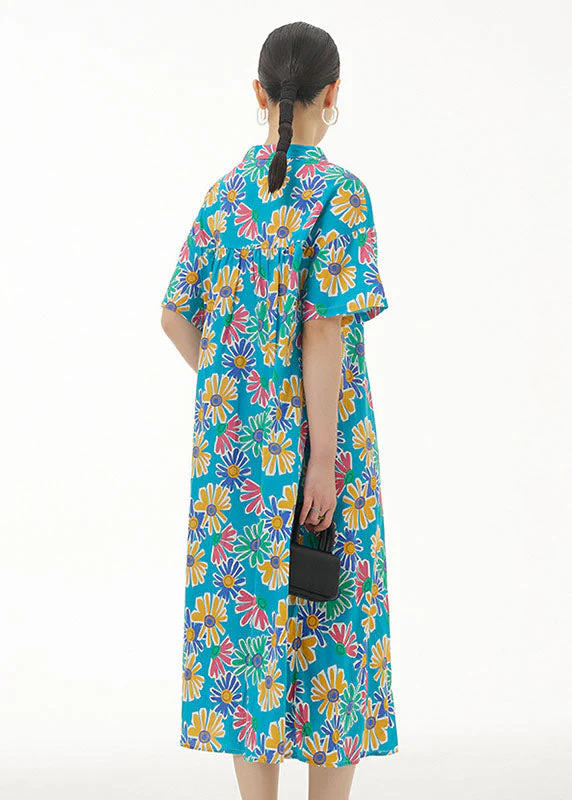 Blue Print Patchwork Cotton Shirts Dresses Stand Collar Summer - Image 4