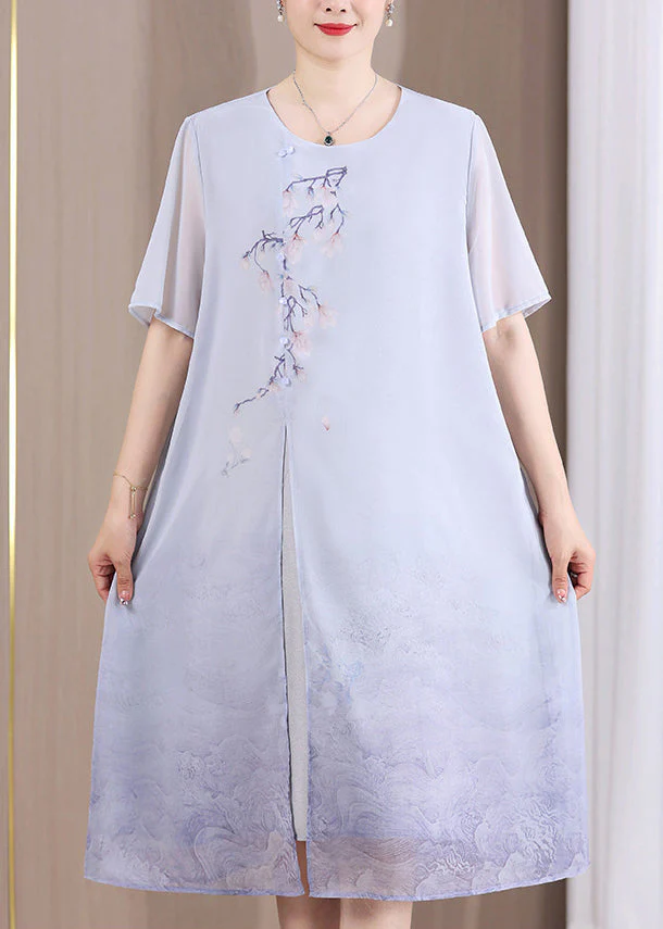 Blue Print Patchwork Dresses Front Open Short Sleeve - Image 3