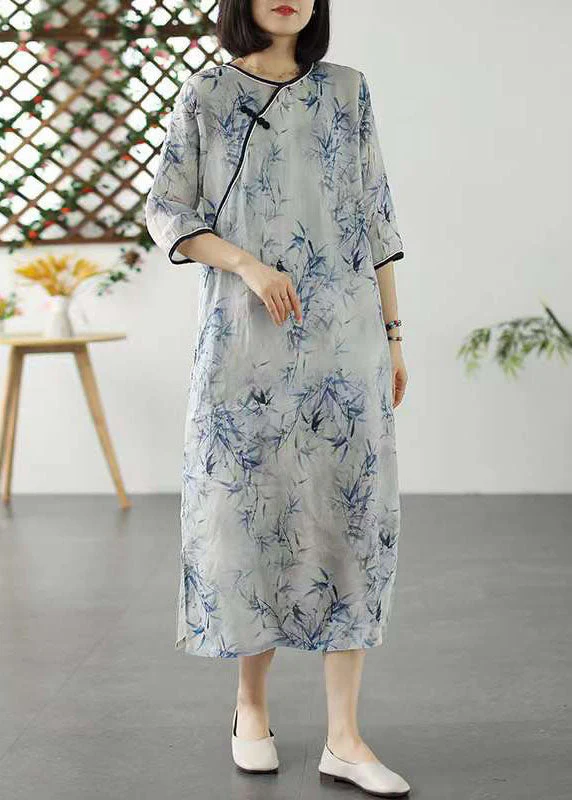 Blue Print Patchwork Linen Dress O Neck Chinese Button Summer - Image 4