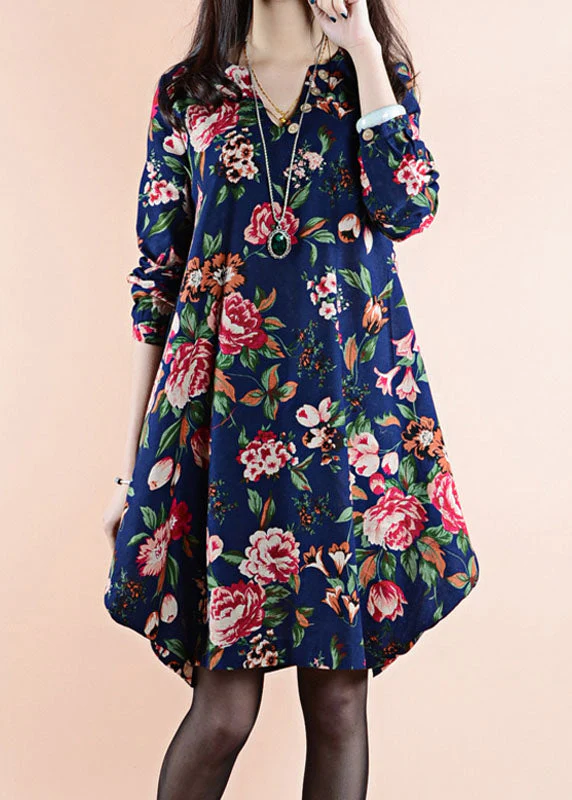 Blue Print Patchwork Linen Dress V Neck Asymmetrical Spring - Image 2