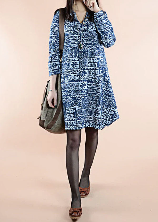 Blue Print Patchwork Linen Dress V Neck Asymmetrical Spring - Image 3