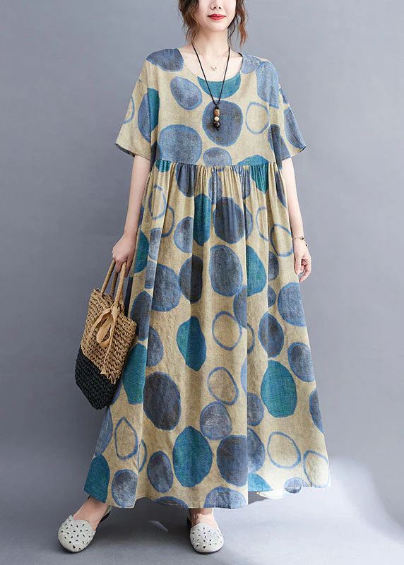 Blue Print Patchwork Linen Loose Vacation Dress Exra Large Hem Short Sleeve - Image 2