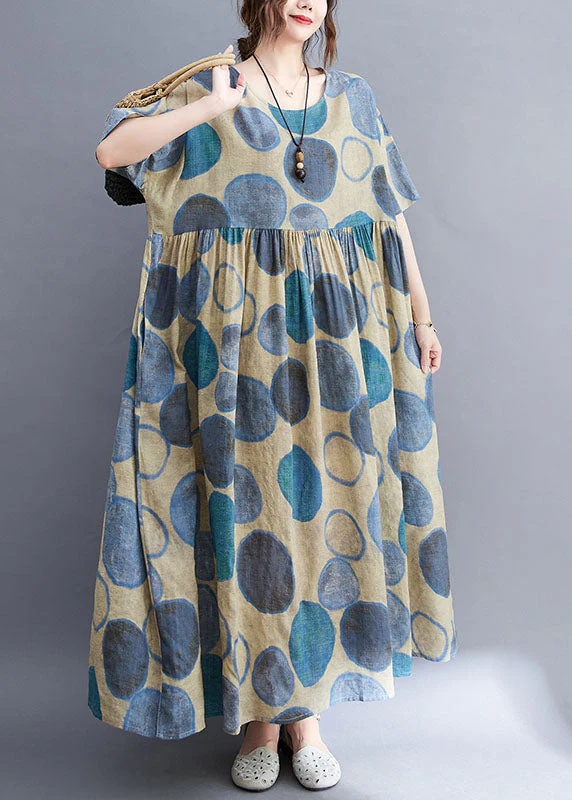 Blue Print Patchwork Linen Loose Vacation Dress Exra Large Hem Short Sleeve - Image 3