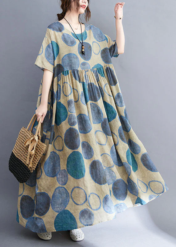 Blue Print Patchwork Linen Loose Vacation Dress Exra Large Hem Short Sleeve - Image 4
