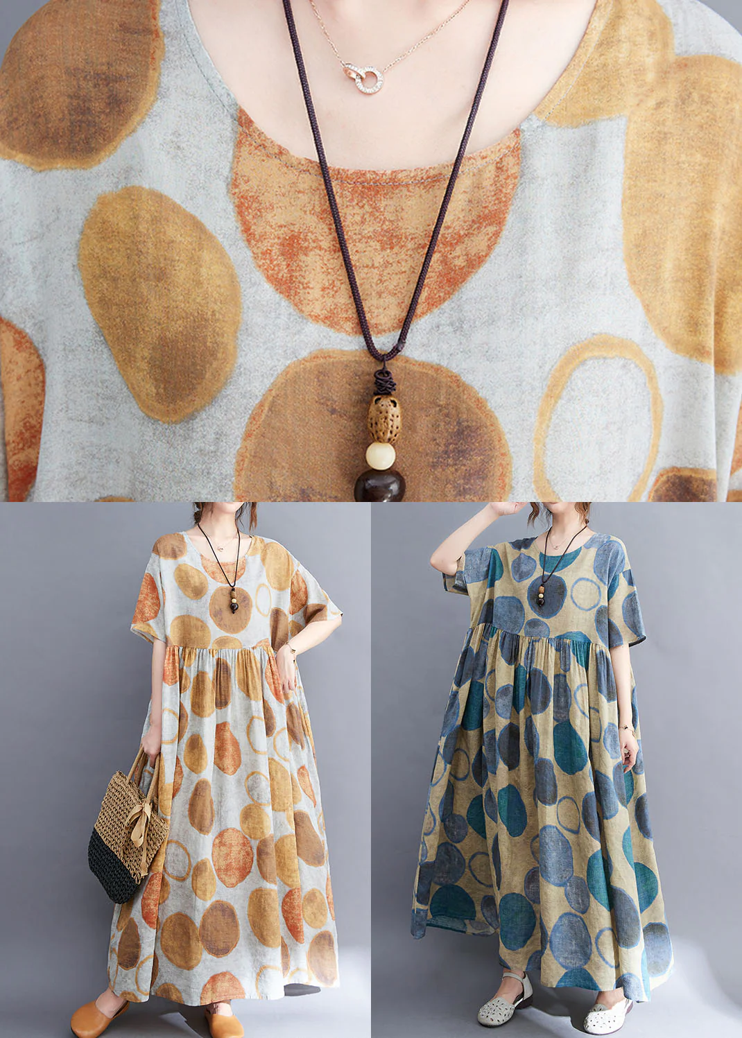 Blue Print Patchwork Linen Loose Vacation Dress Exra Large Hem Short Sleeve - Image 5