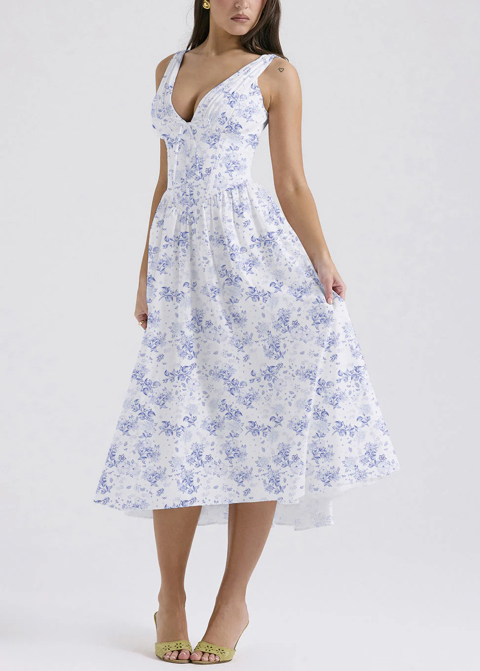 Blue Print Pockets Cotton Sleeveless Dress V Neck