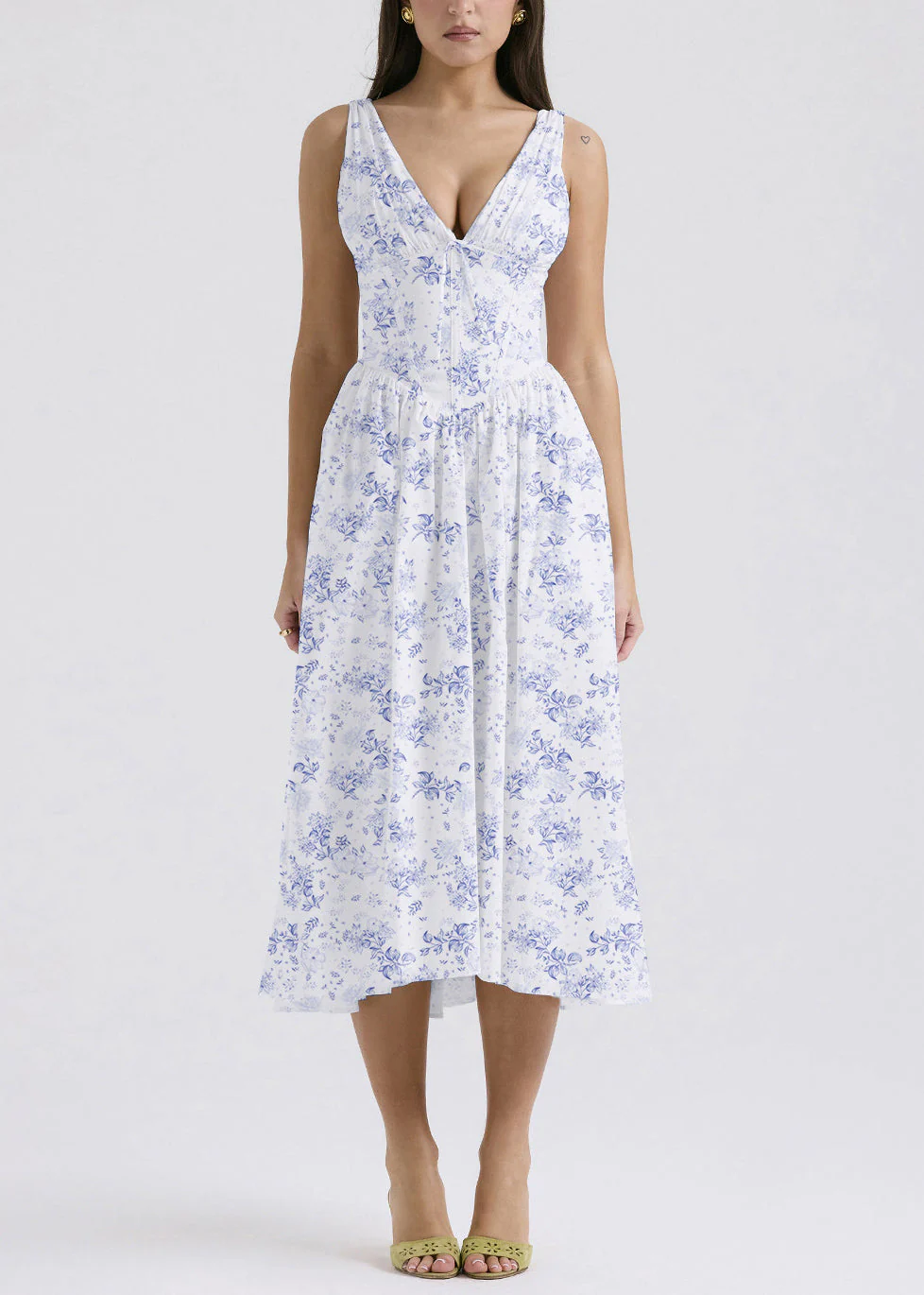 Blue Print Pockets Cotton Sleeveless Dress V Neck - Image 2