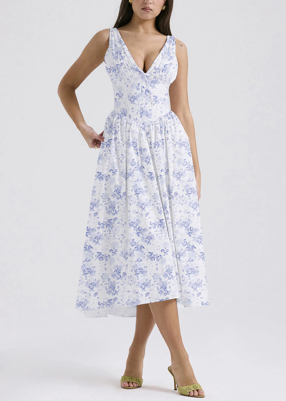 Blue Print Pockets Cotton Sleeveless Dress V Neck - Image 3