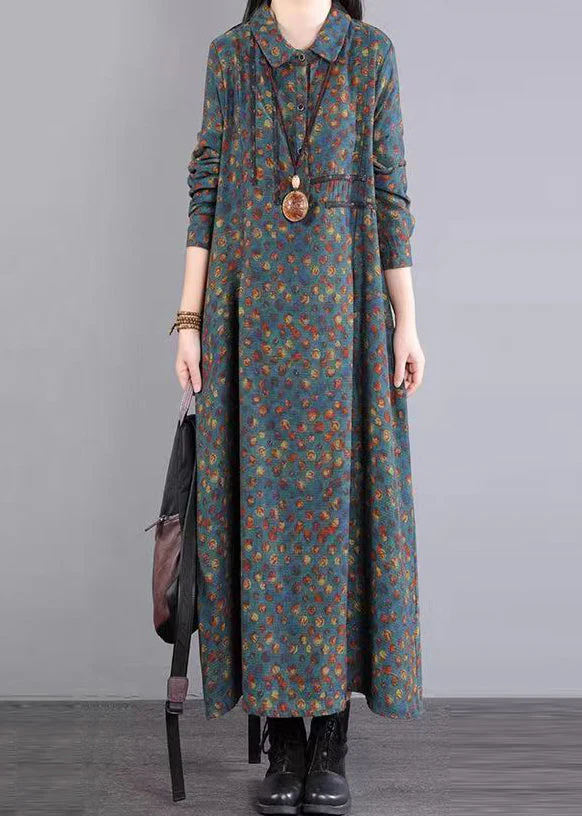 Blue Print Pockets Patchwork Cotton Long Dress Peter Pan Collar Fall