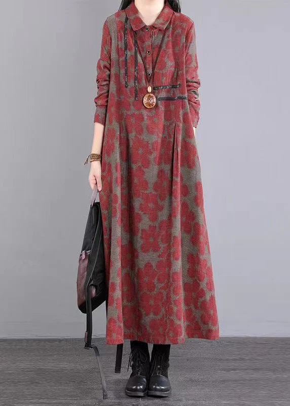 Blue Print Pockets Patchwork Cotton Long Dress Peter Pan Collar Fall - Image 2