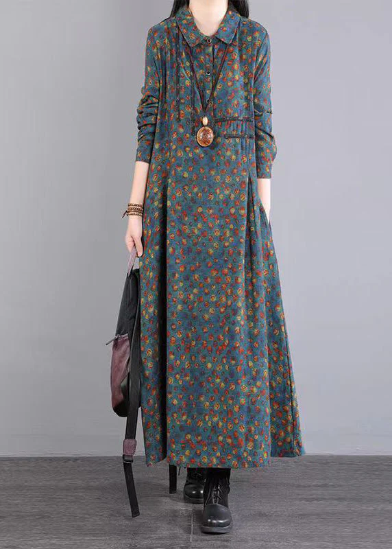 Blue Print Pockets Patchwork Cotton Long Dress Peter Pan Collar Fall - Image 3