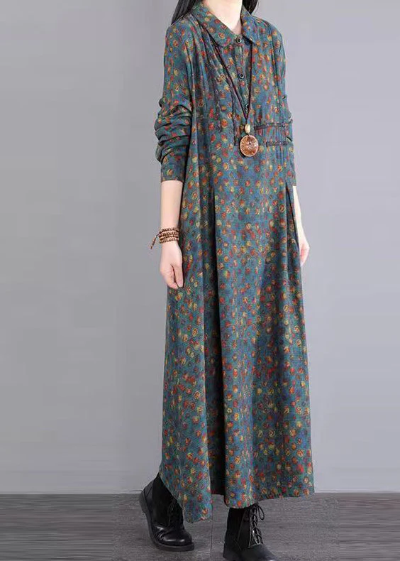 Blue Print Pockets Patchwork Cotton Long Dress Peter Pan Collar Fall - Image 4