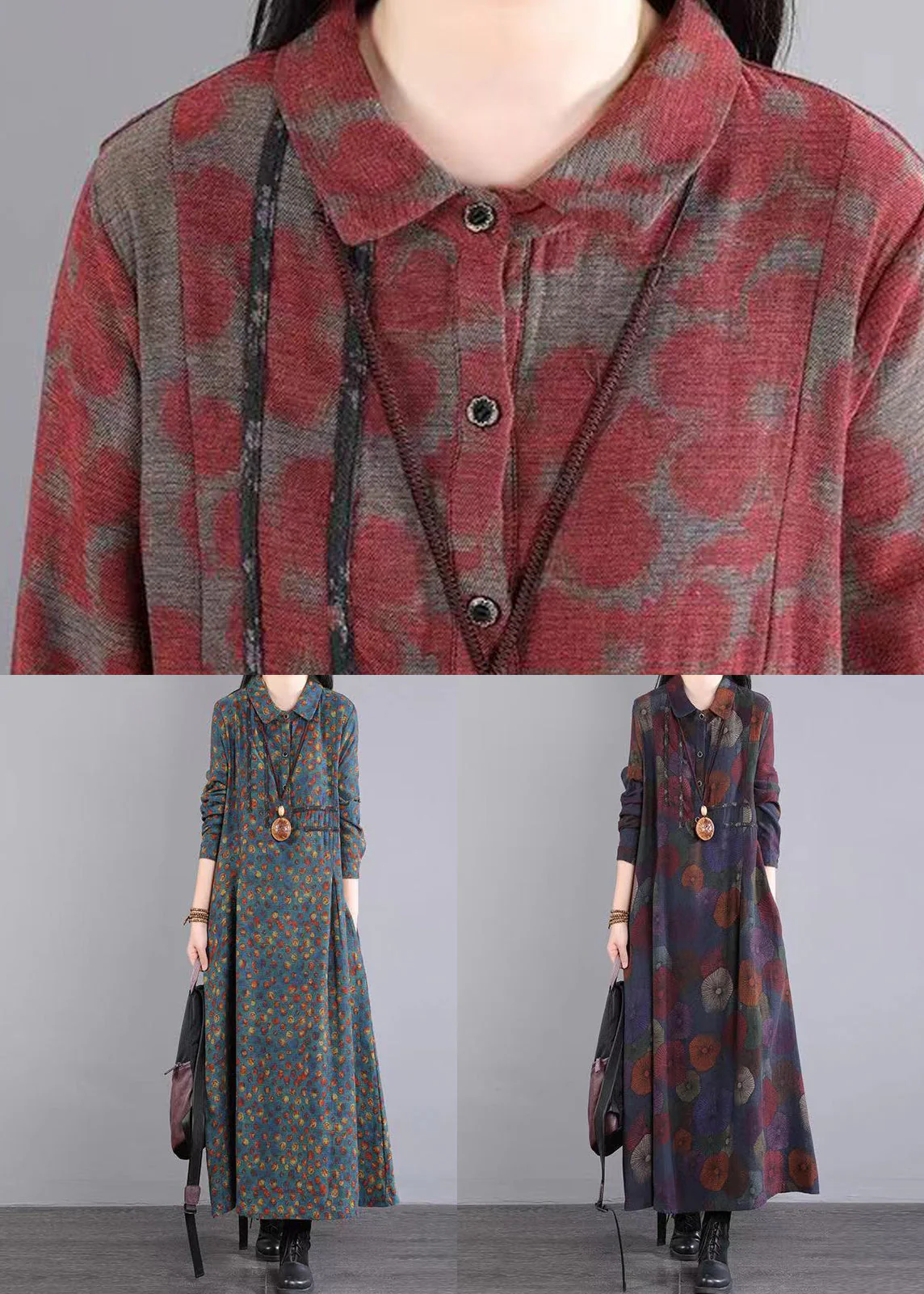 Blue Print Pockets Patchwork Cotton Long Dress Peter Pan Collar Fall - Image 5