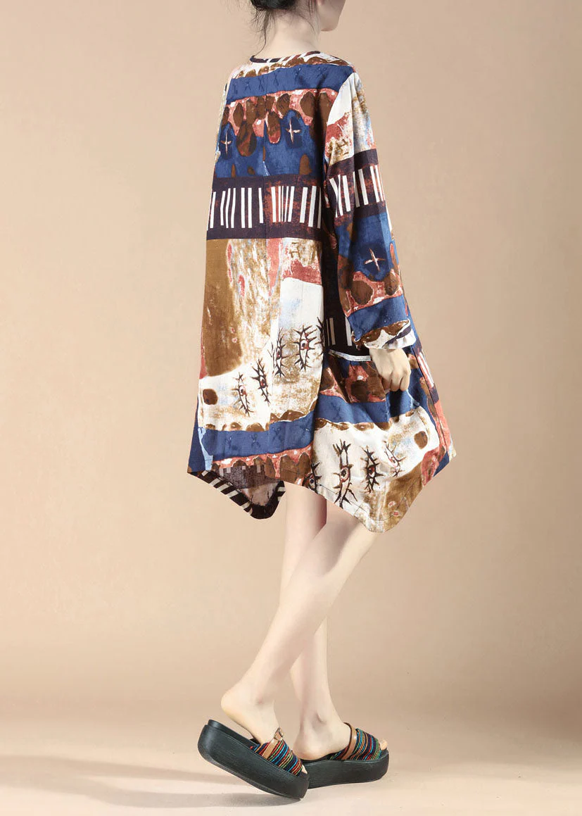 Blue Print Pockets Patchwork Linen Dress O-Neck Spring - Image 3