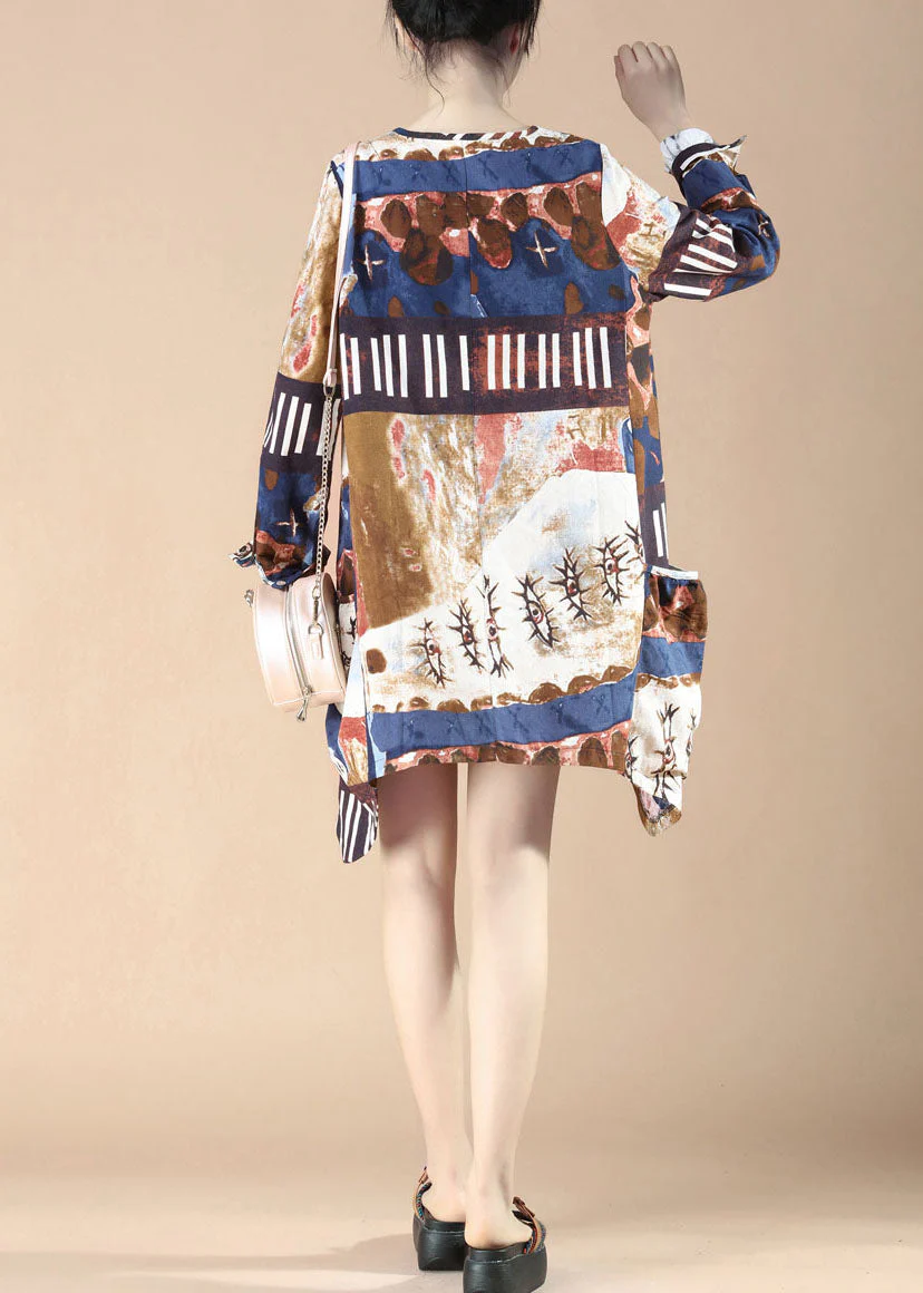 Blue Print Pockets Patchwork Linen Dress O-Neck Spring - Image 4
