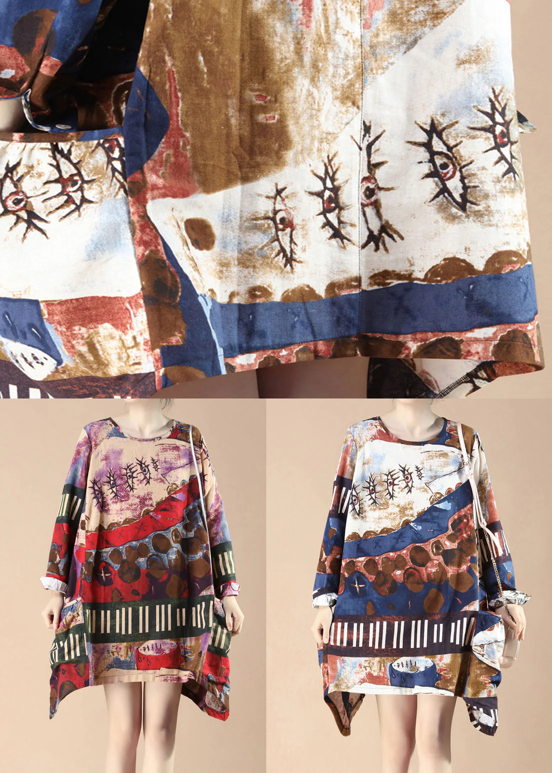 Blue Print Pockets Patchwork Linen Dress O-Neck Spring - Image 5