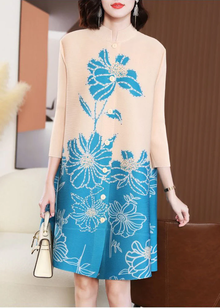 Blue Print Shirt Dresses Stand Collar Wrinkled Bracelet Sleeve - Image 3