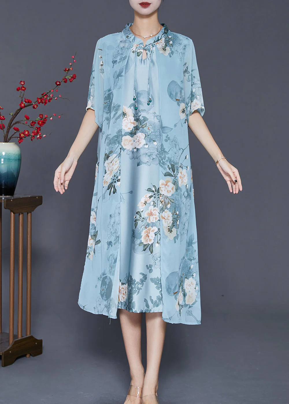 Blue Print Silk Fake Two Piece Dresses Tasseled Summer - Image 2