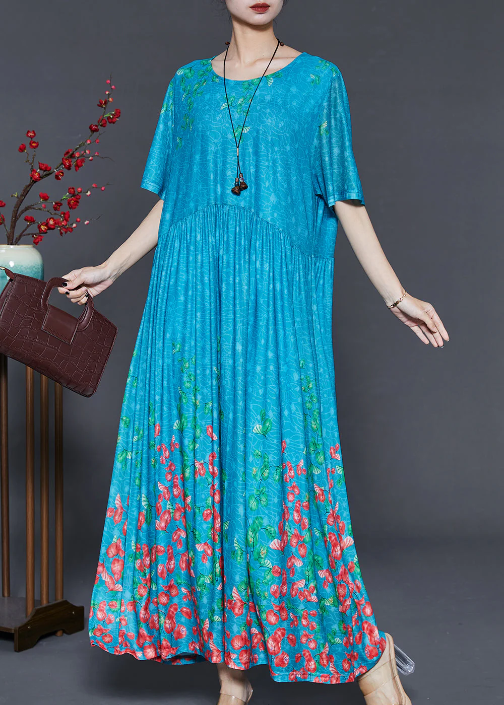 Blue Print Silk Holiday Dress Exra Large Hem Summer