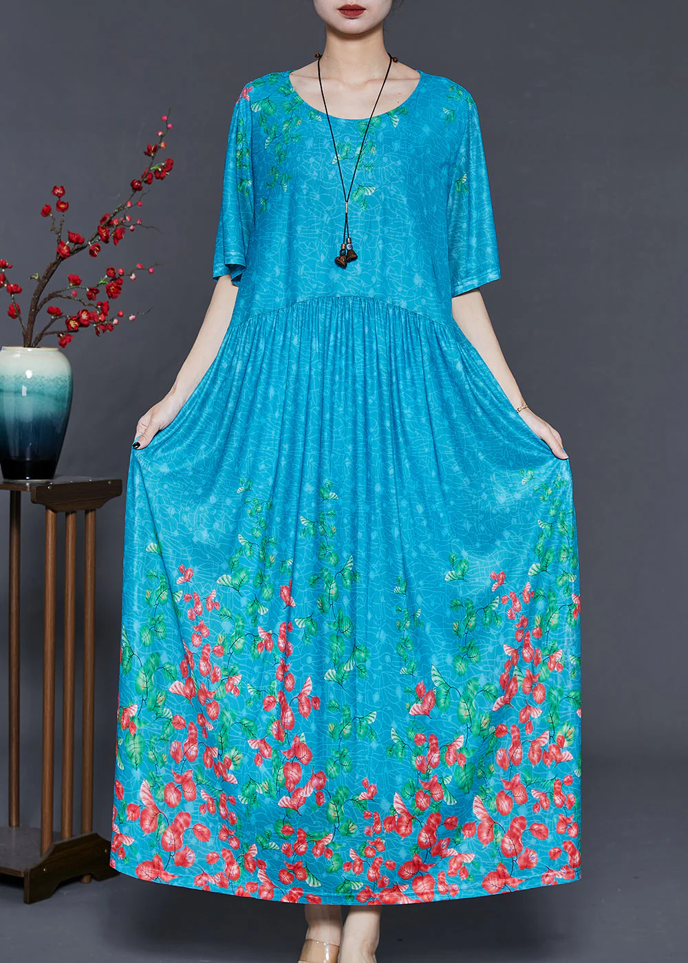 Blue Print Silk Holiday Dress Exra Large Hem Summer - Image 2