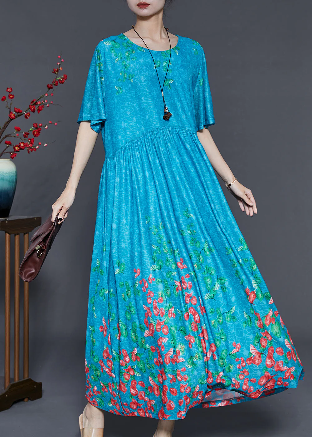 Blue Print Silk Holiday Dress Exra Large Hem Summer - Image 3