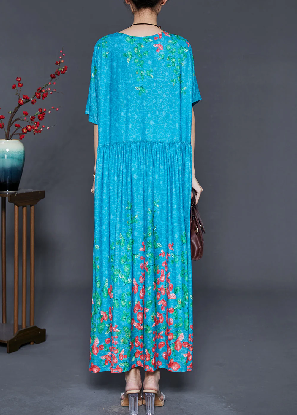 Blue Print Silk Holiday Dress Exra Large Hem Summer - Image 4