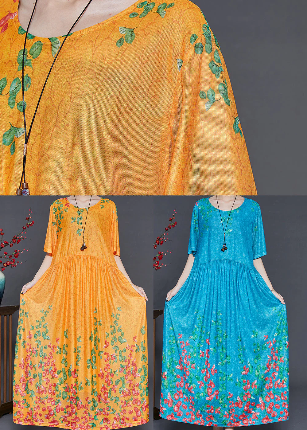 Blue Print Silk Holiday Dress Exra Large Hem Summer - Image 5