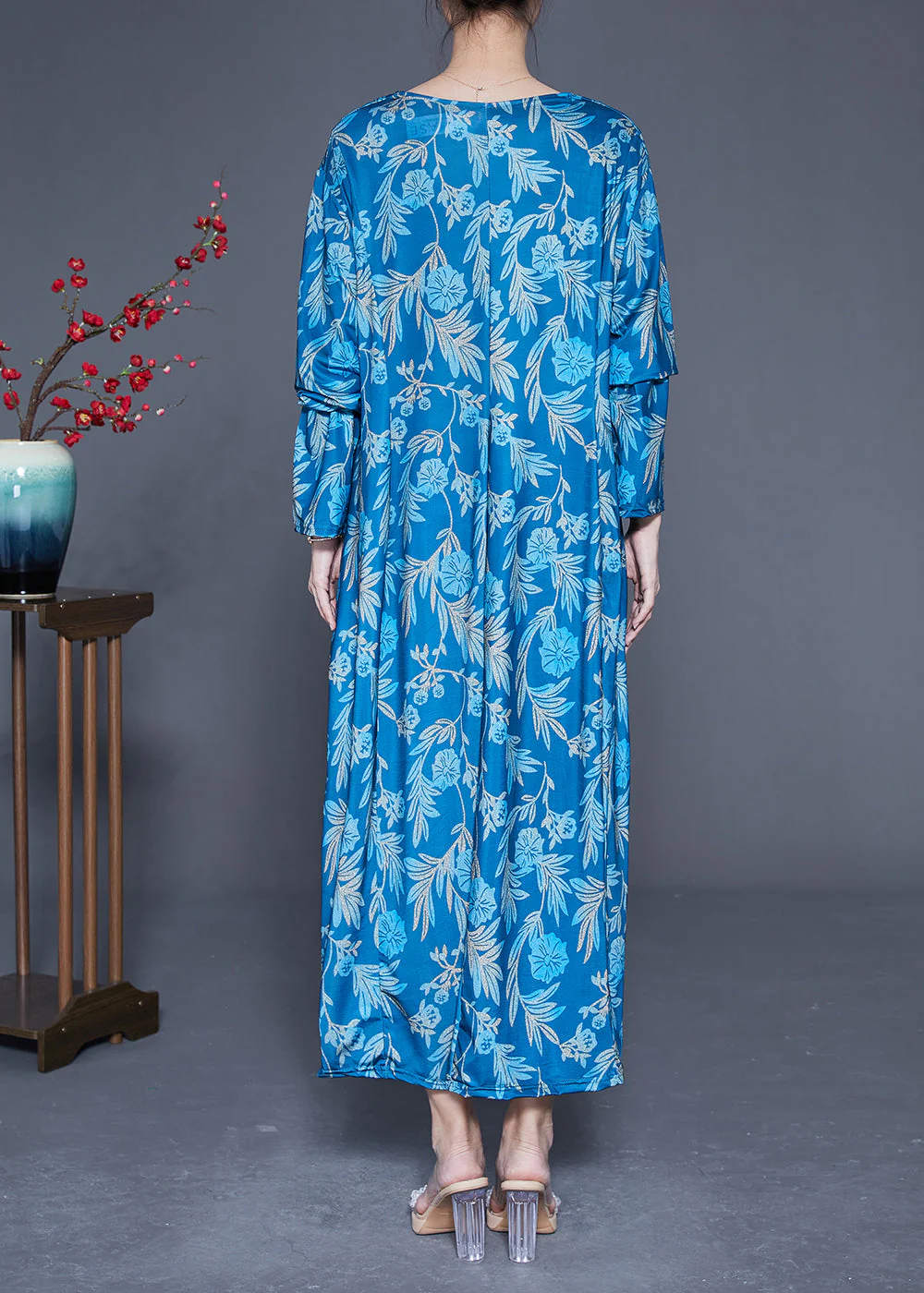 Blue Print Silk Holiday Dresses V Neck Oversized Spring - Image 4