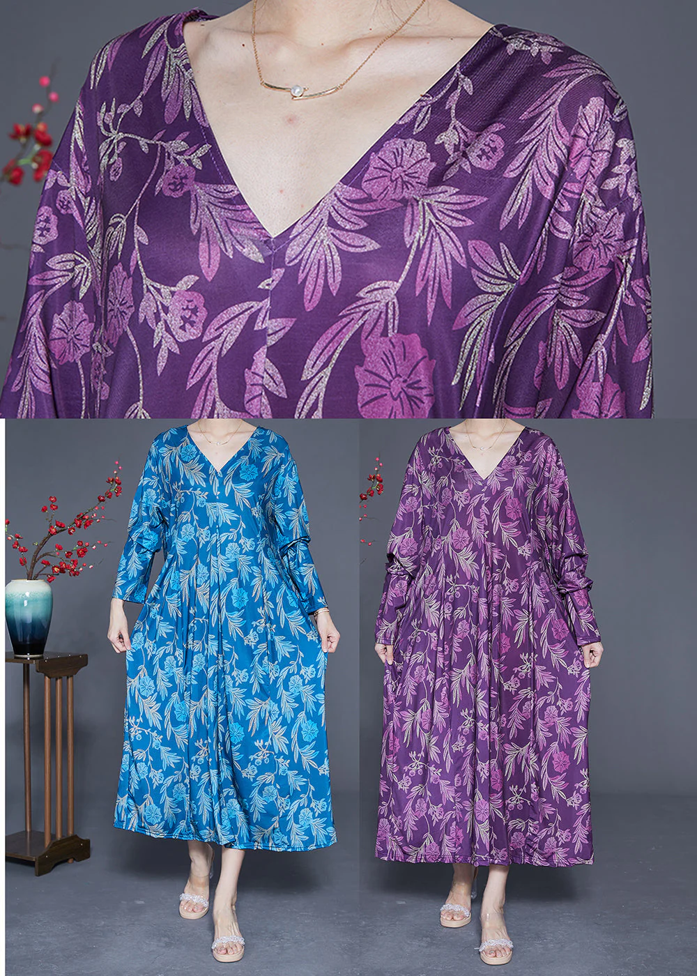 Blue Print Silk Holiday Dresses V Neck Oversized Spring - Image 5