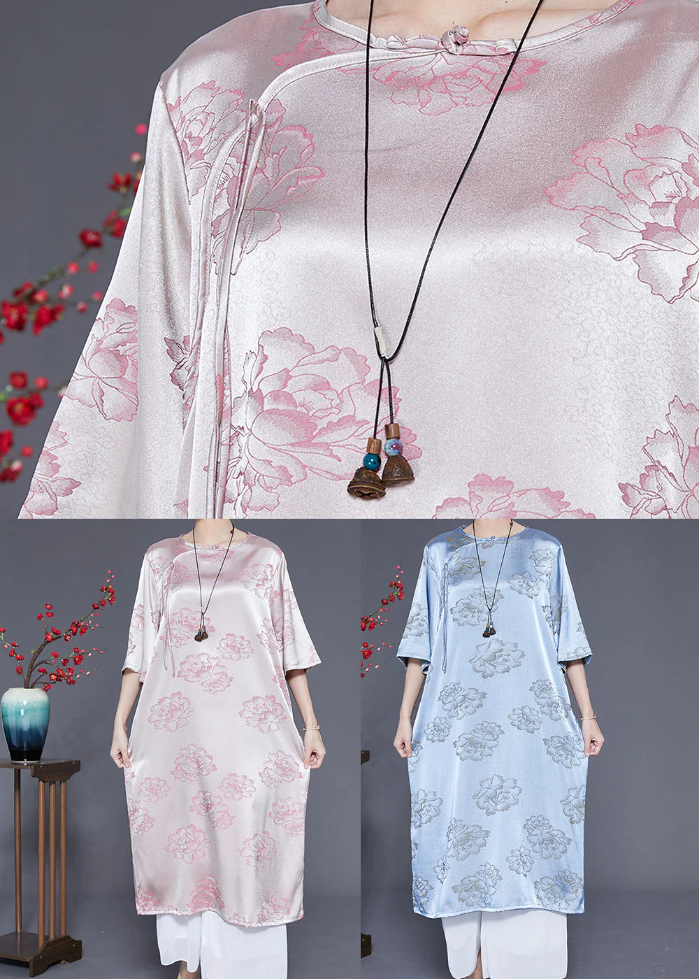 Blue Print Silk Long Dresses Chinese Button Tassel Half Sleeve - Image 5