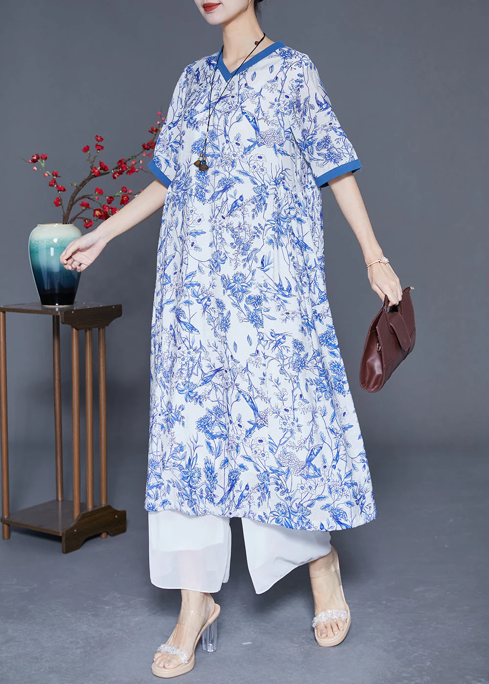 Blue Print Slim Fit Linen Holiday Dress V Neck Summer - Image 3