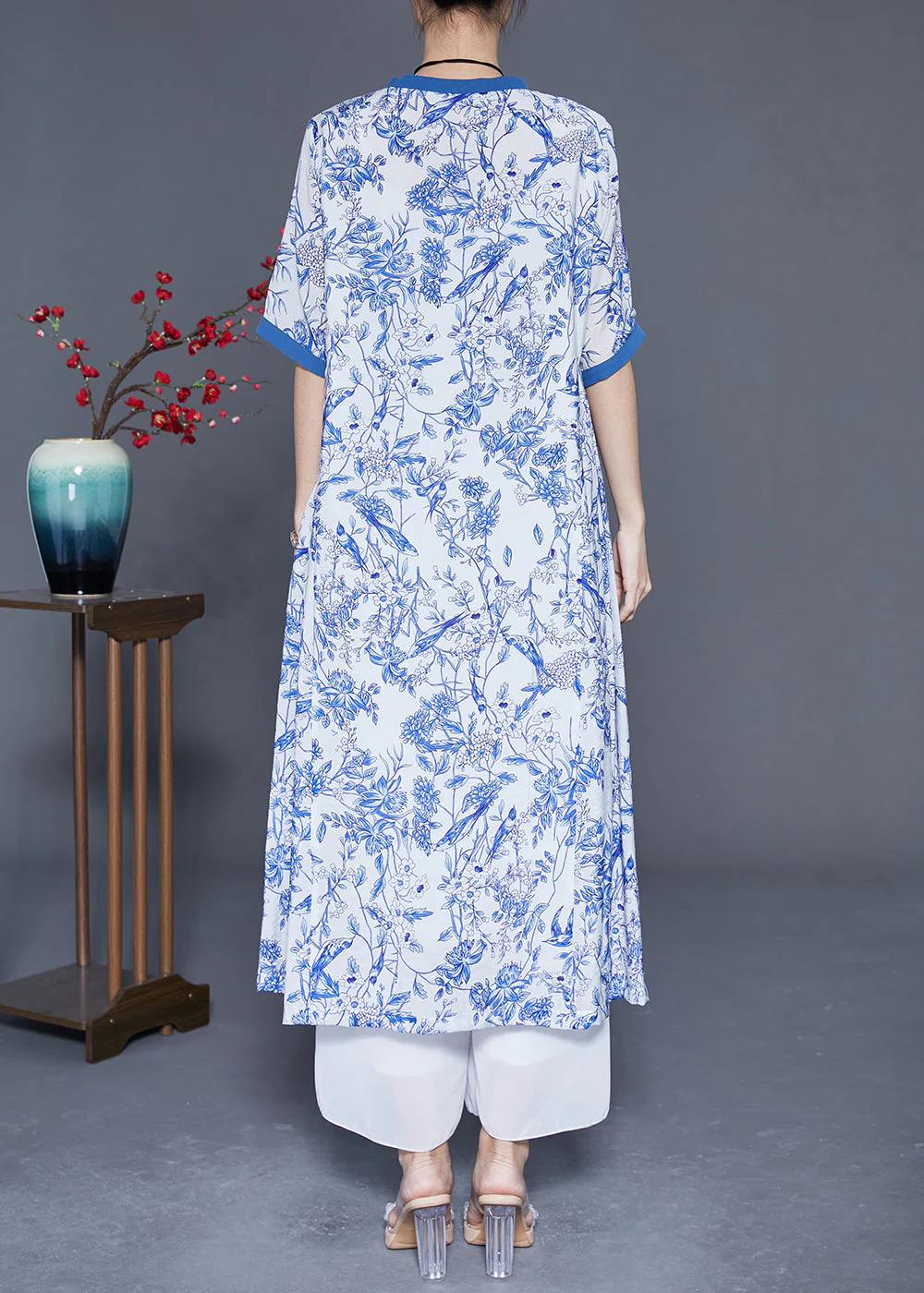 Blue Print Slim Fit Linen Holiday Dress V Neck Summer - Image 4
