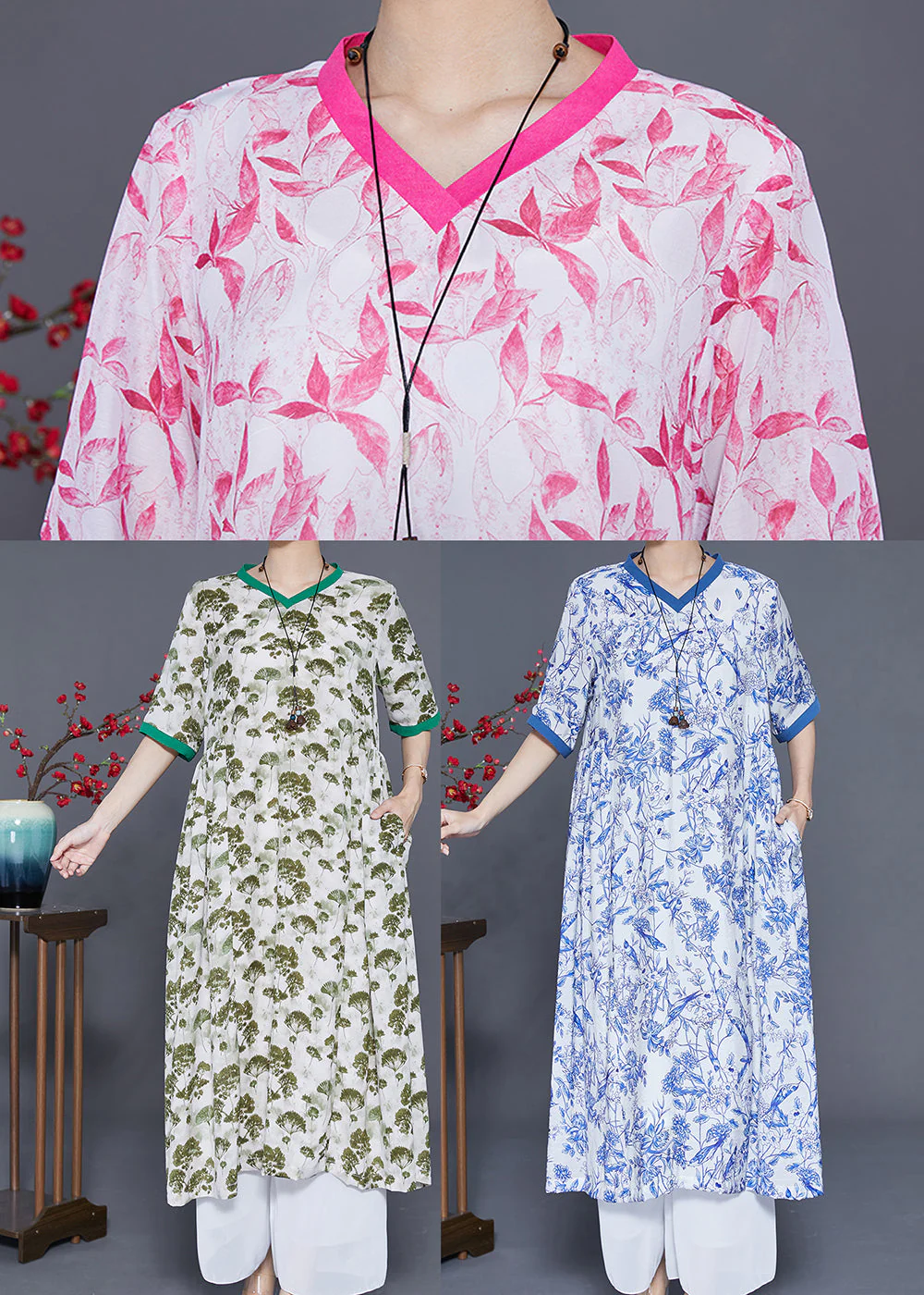 Blue Print Slim Fit Linen Holiday Dress V Neck Summer - Image 5