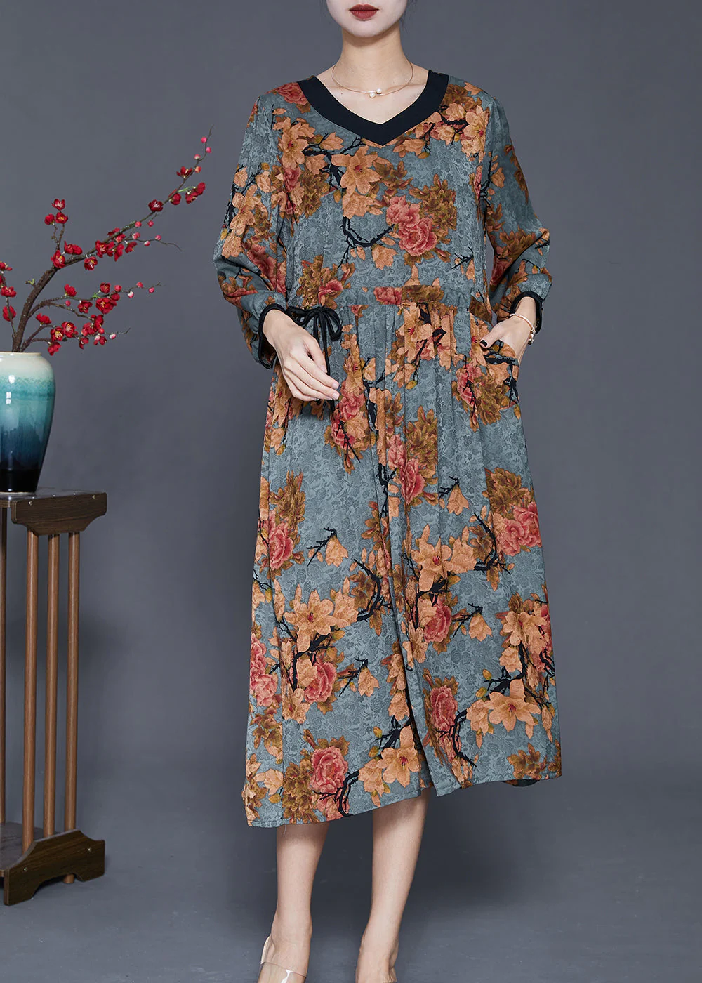 Blue Print Vacation Dresses V Neck Cinched Fall - Image 2