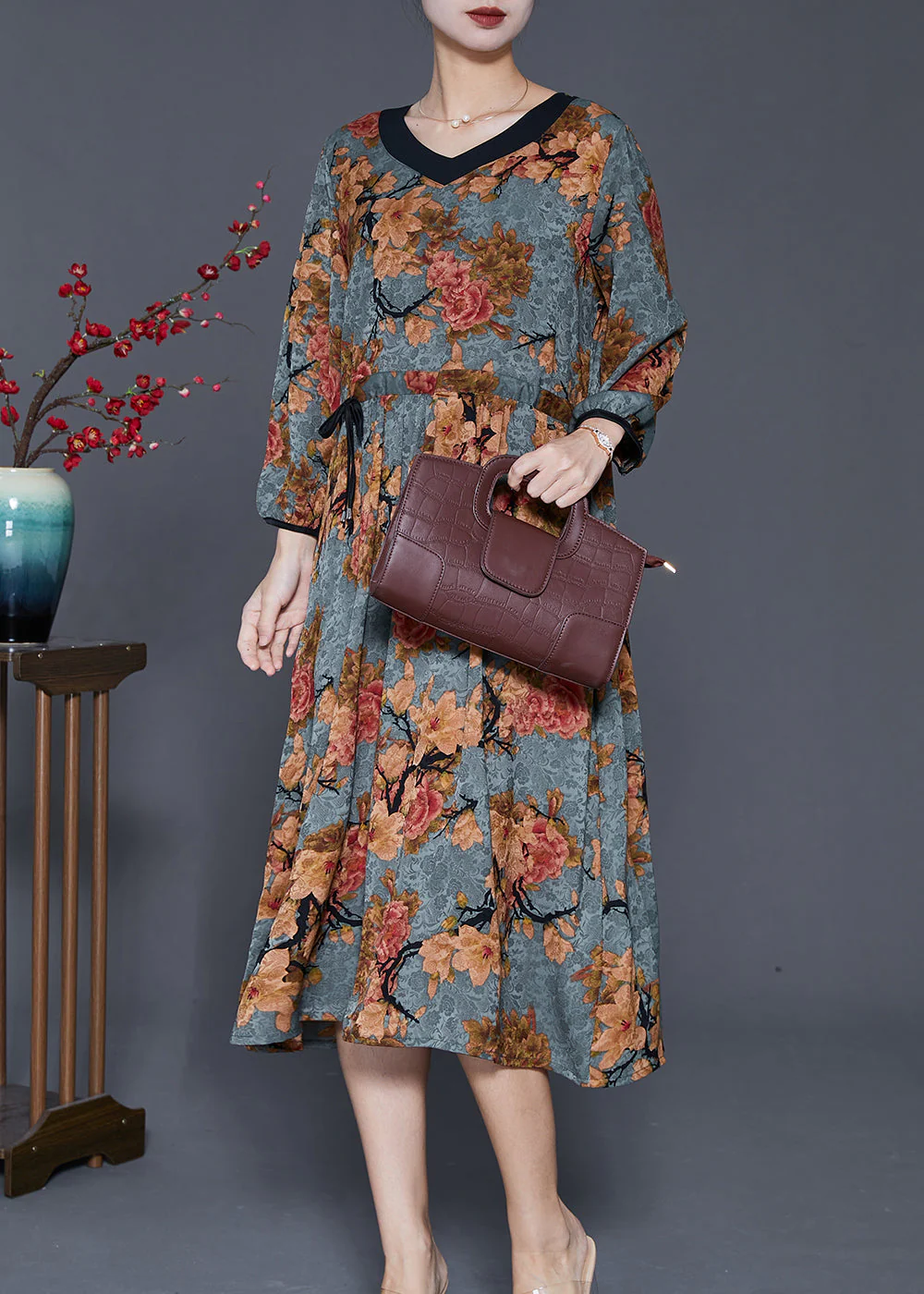 Blue Print Vacation Dresses V Neck Cinched Fall - Image 3