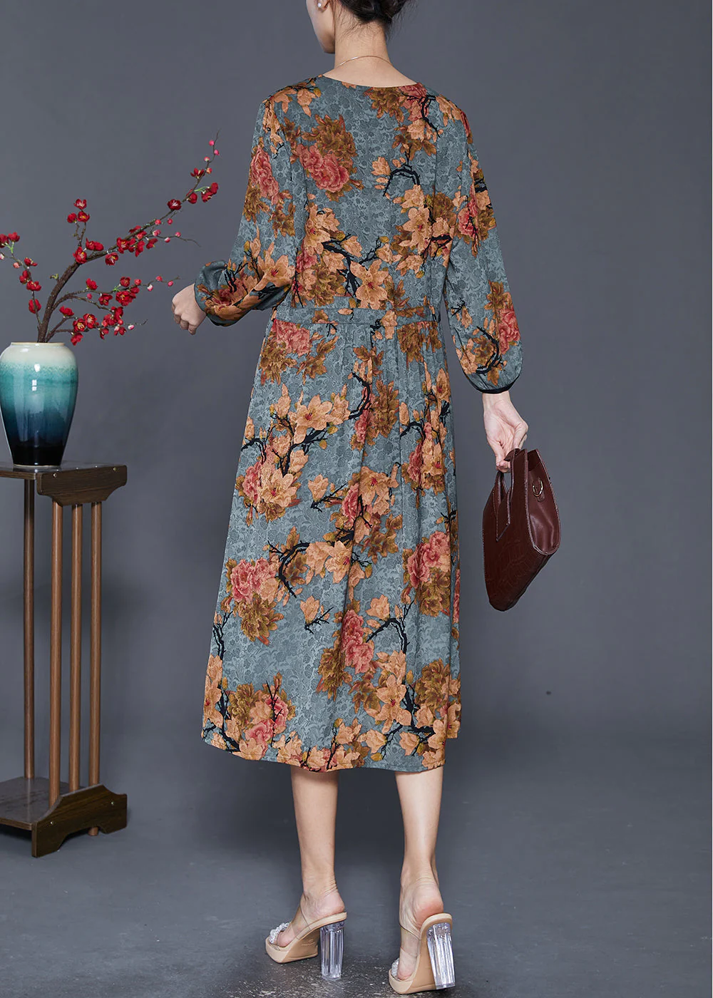 Blue Print Vacation Dresses V Neck Cinched Fall - Image 4