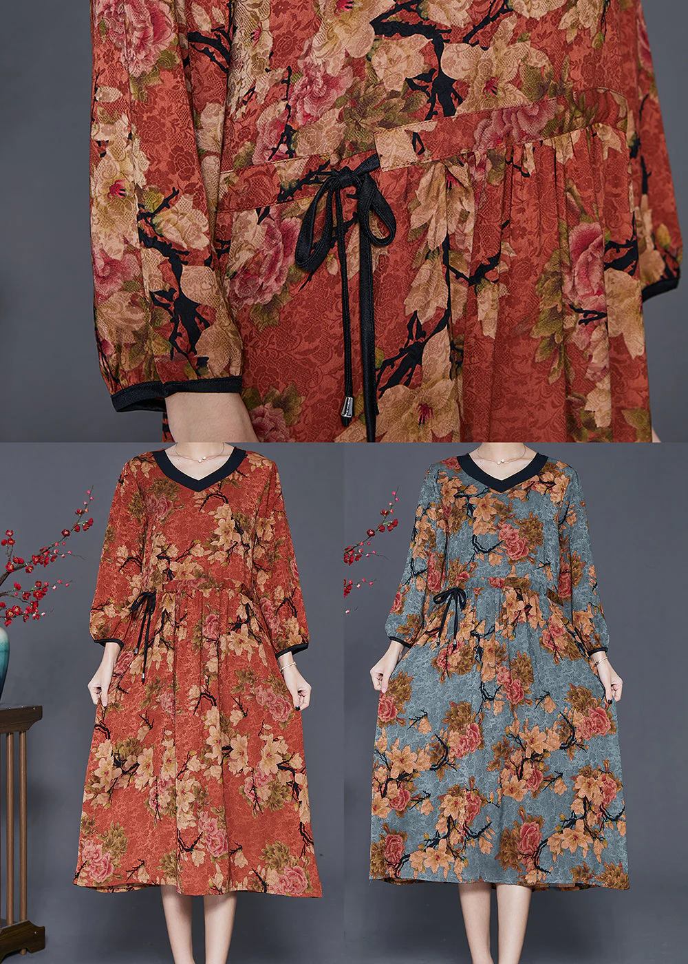 Blue Print Vacation Dresses V Neck Cinched Fall - Image 5