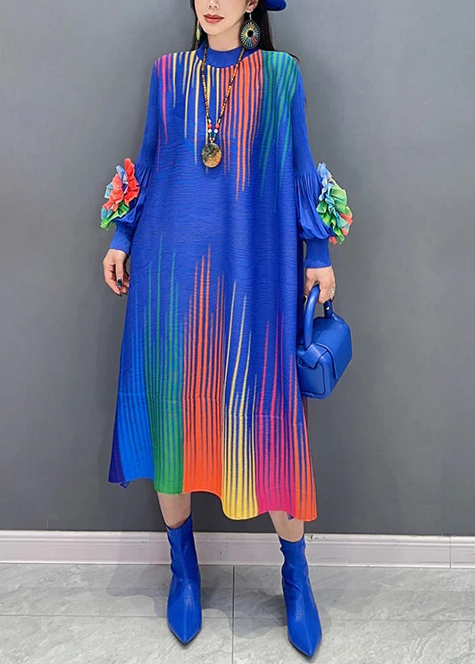 Blue Print Wrinkled Cotton Long Dresses O Neck Floral Spring - Image 2