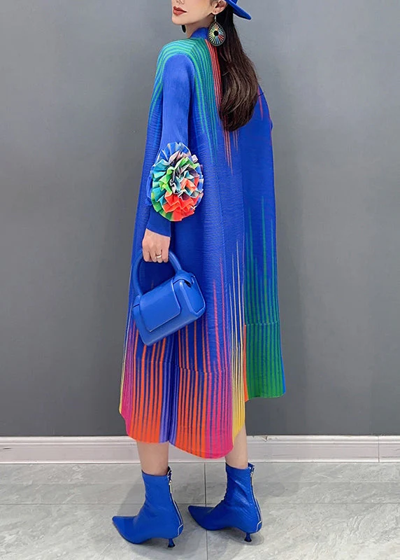 Blue Print Wrinkled Cotton Long Dresses O Neck Floral Spring - Image 3