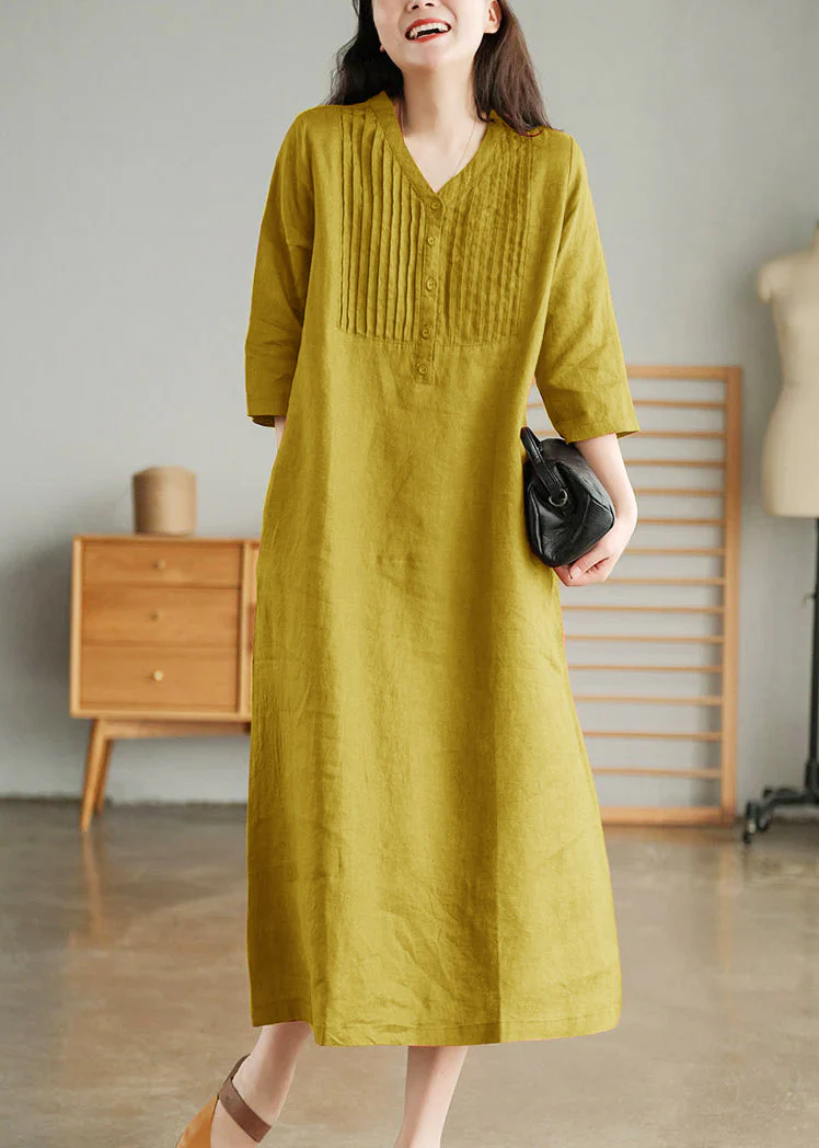 Blue Print10 Loose Linen Long Dresses Button Solid Half Sleeve - Image 17