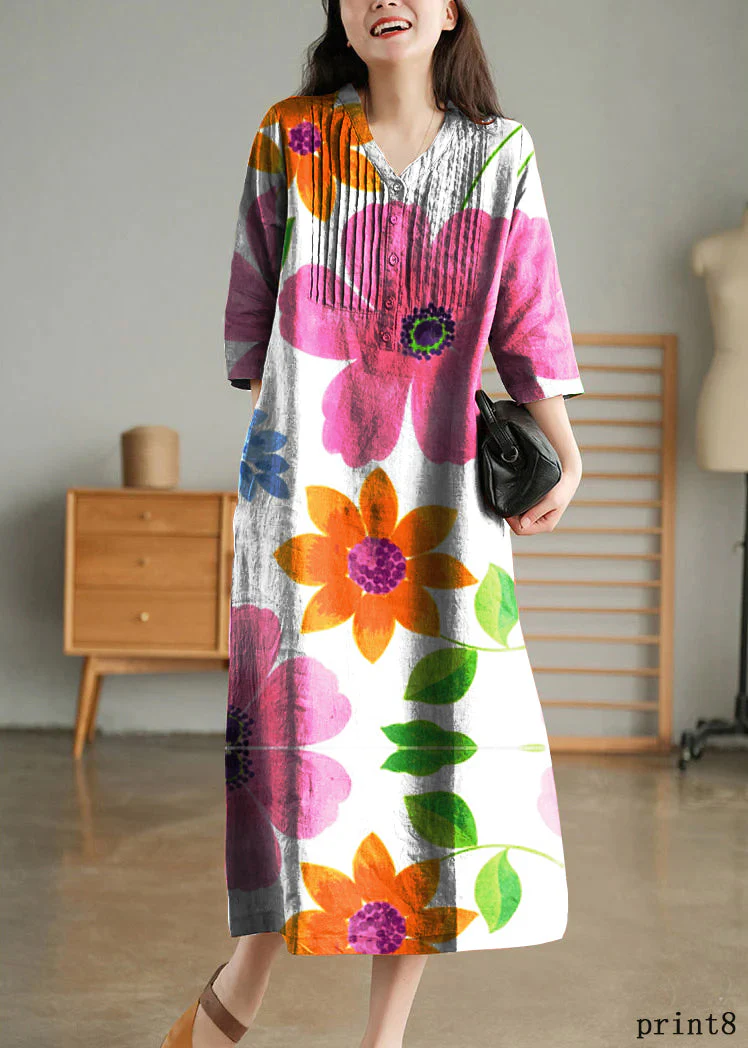 Blue Print10 Loose Linen Long Dresses Button Solid Half Sleeve - Image 3