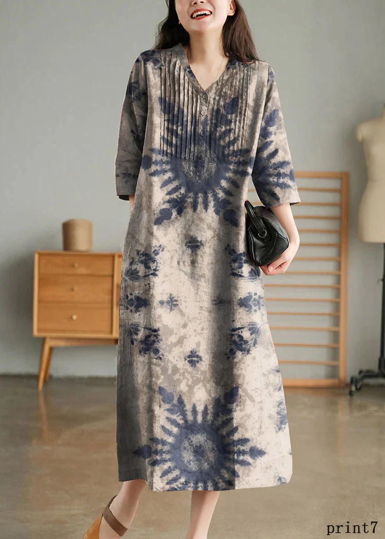 Blue Print10 Loose Linen Long Dresses Button Solid Half Sleeve - Image 4