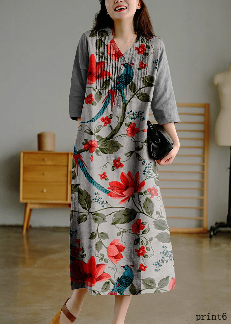 Blue Print10 Loose Linen Long Dresses Button Solid Half Sleeve - Image 5