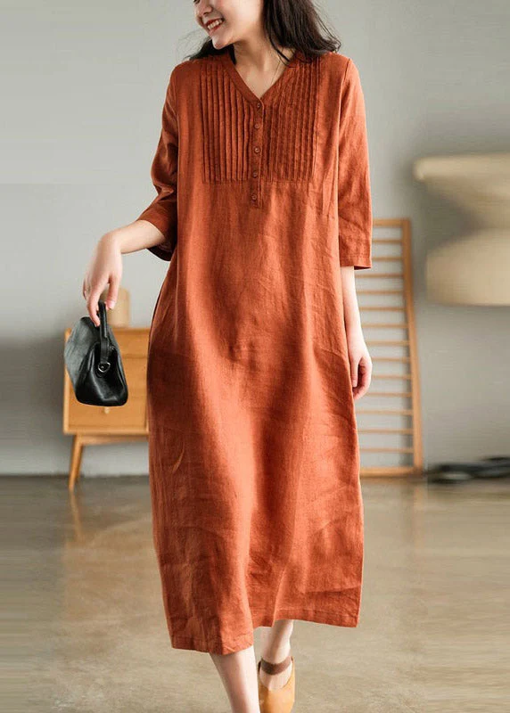 Blue Print10 Loose Linen Long Dresses Button Solid Half Sleeve - Image 8